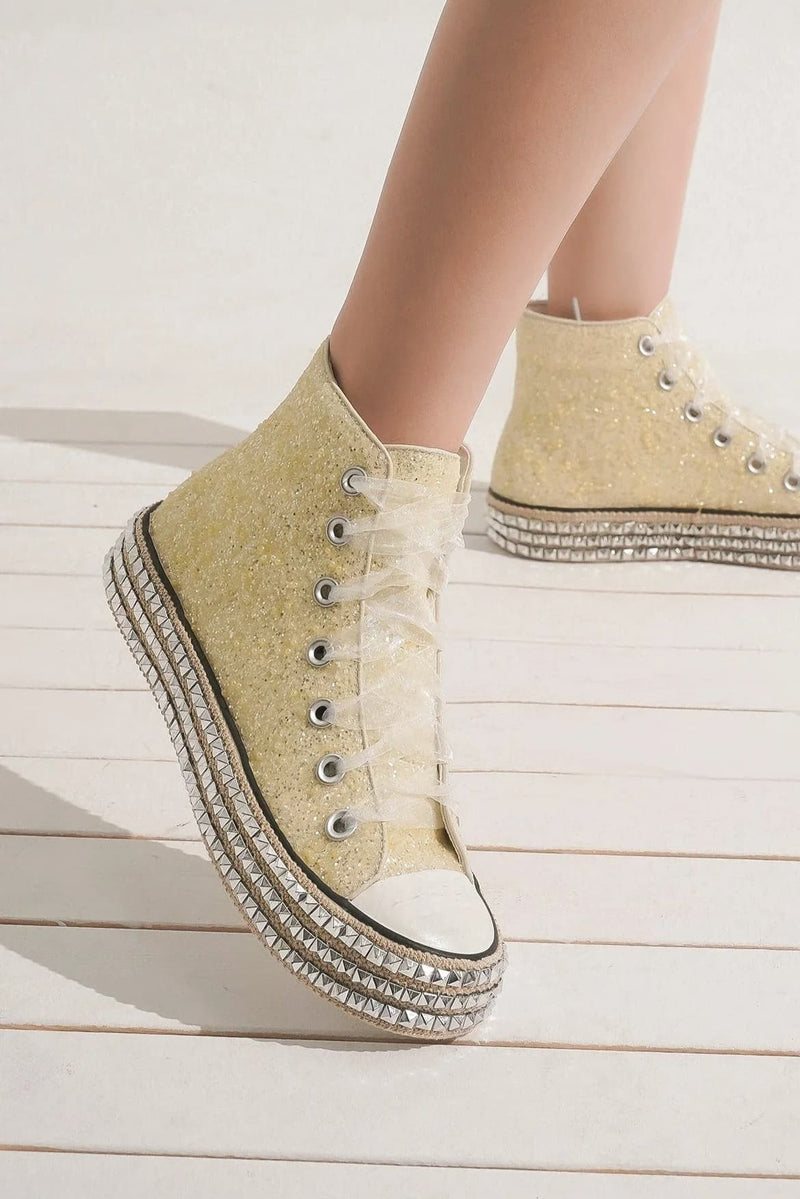 Hazel Blues® |  Beast Fashion Glitter Lace-Up Studded Platform Sneakers