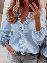 Hazel Blues® |  Ruffled V-Neck Long Sleeve Blouse