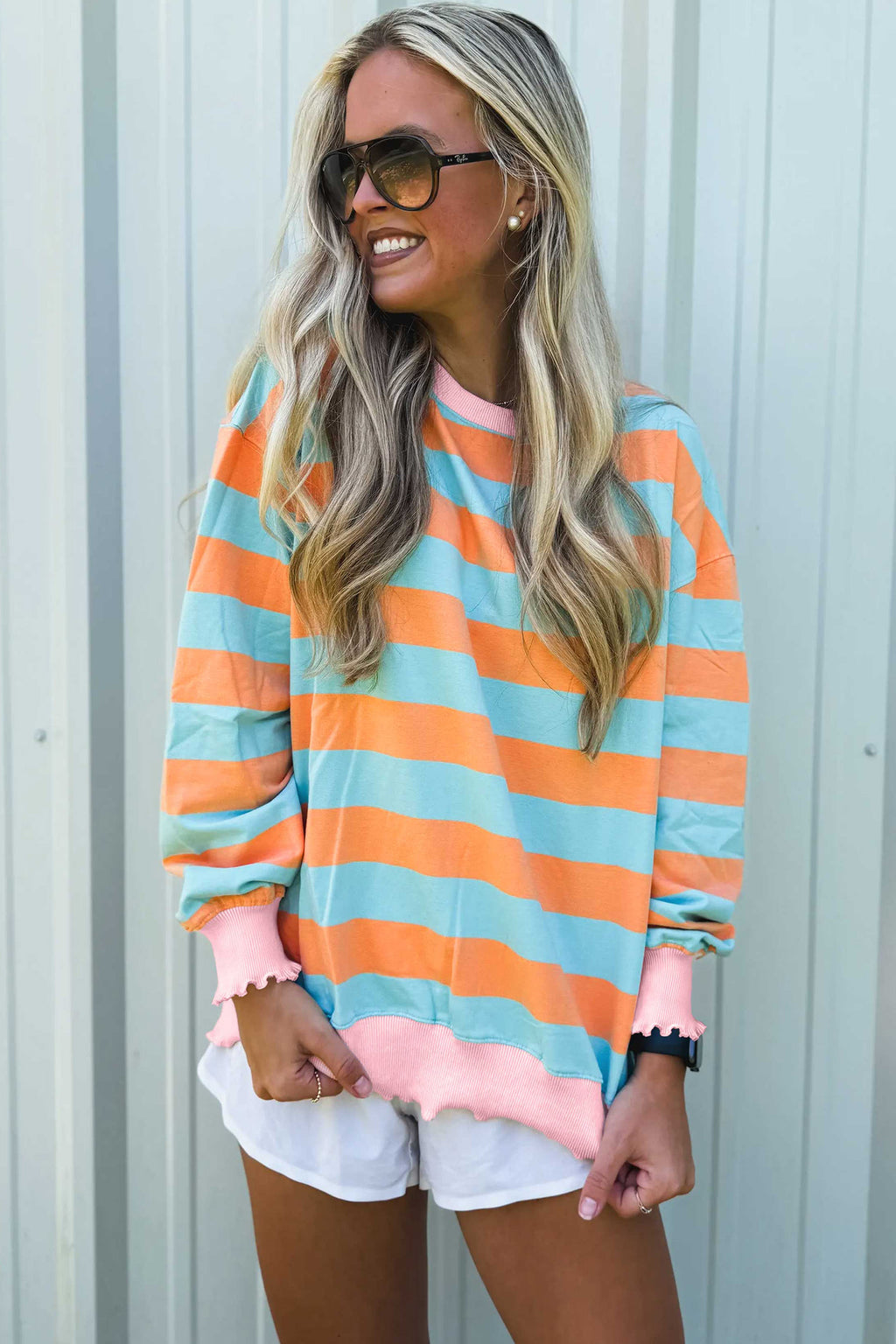 Orange Stripe Ribbed Color-Block Trim Round-Neck Long-Sleeve Shift Top