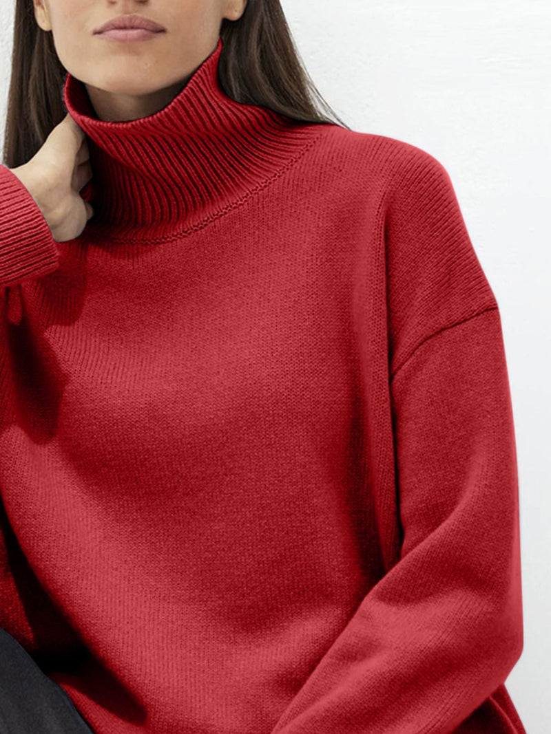 Hazel Blues® |  Ribbed Detail Turtleneck Dropped Shoulder Sweater