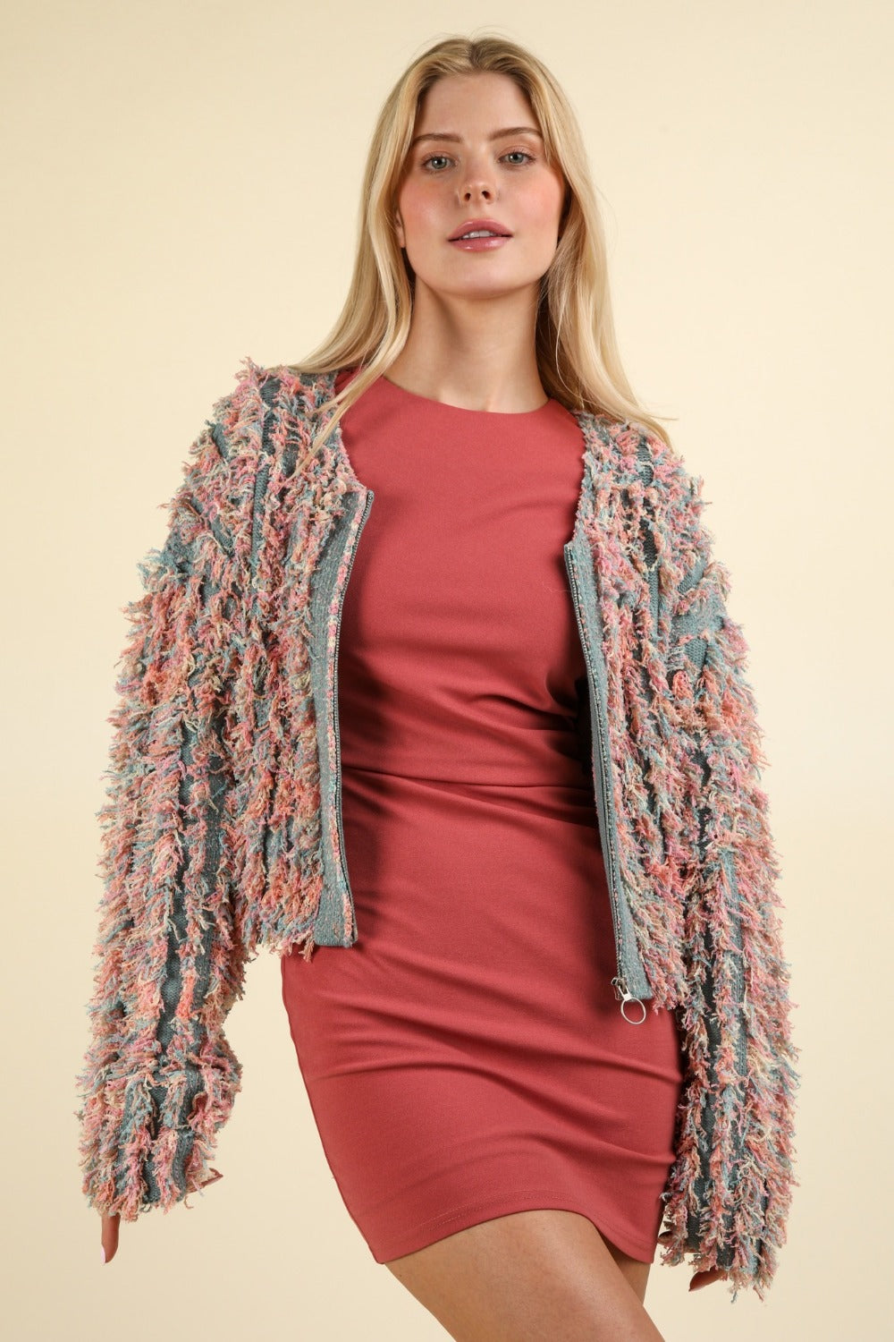 Hazel Blues® |  VERY J Shaggy Yarn Knit Zip Up Jacket