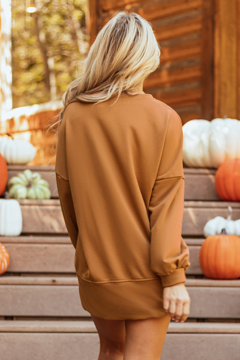 Hazel Blues® |  Chestnut Sequin Happy Halloween Graphic Notched Neck Long Sleeve Loose Top