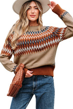 Hazel Blues® |  Khaki Aztec Print Colorblock Crew Neck Sweater
