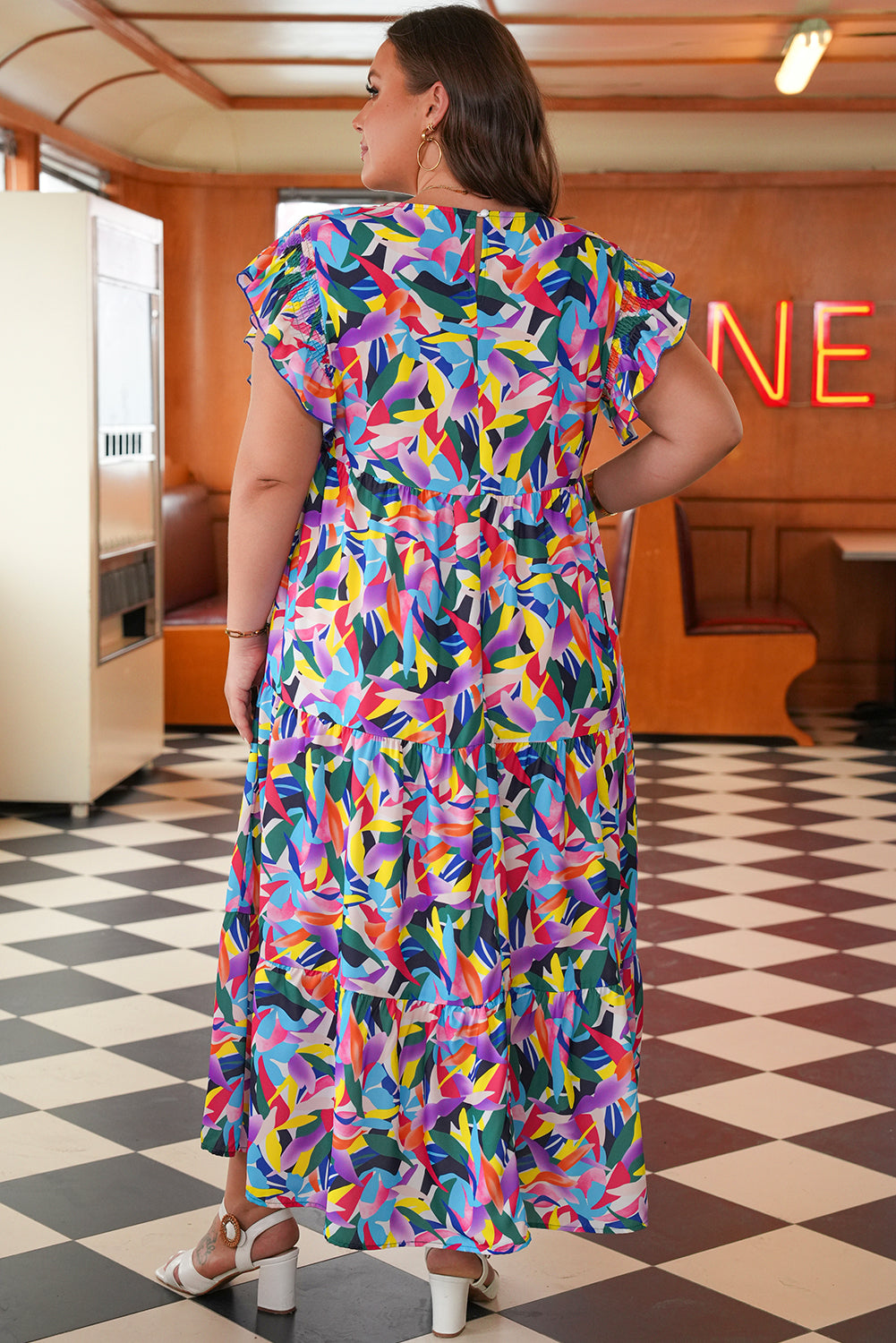 Blue Geometric Print Ruffled Short-Sleeve Tiered Maxi Dress