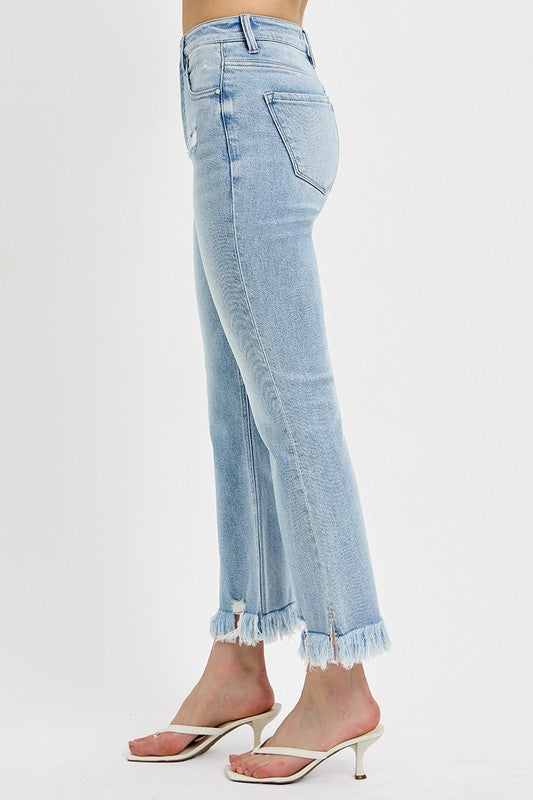 Hazel Blues® | RISEN Raw Hem Distressed Cropped Flare Jeans