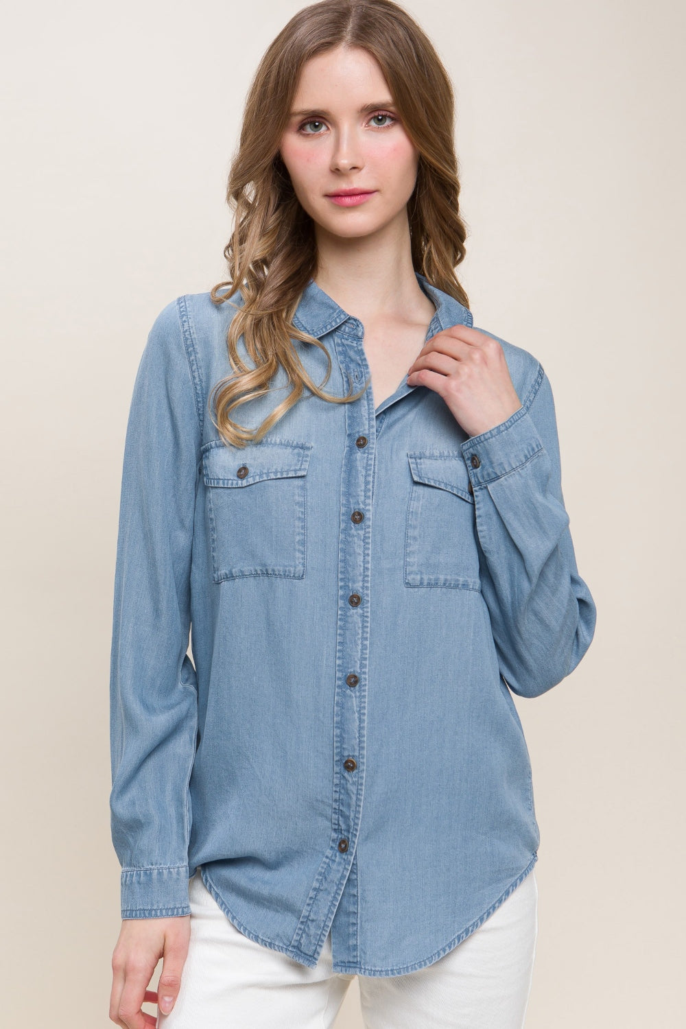 Hazel Blues® |  Love Tree Scooped Hem Button Up Denim Shirt