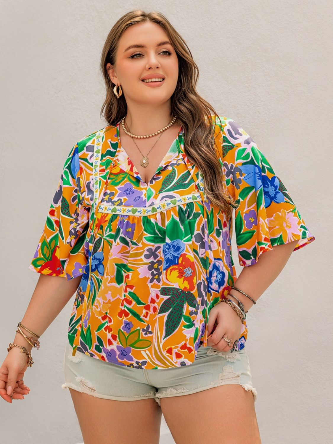 Hazel Blues® | Printed Tie Neck Half Sleeve Blouse