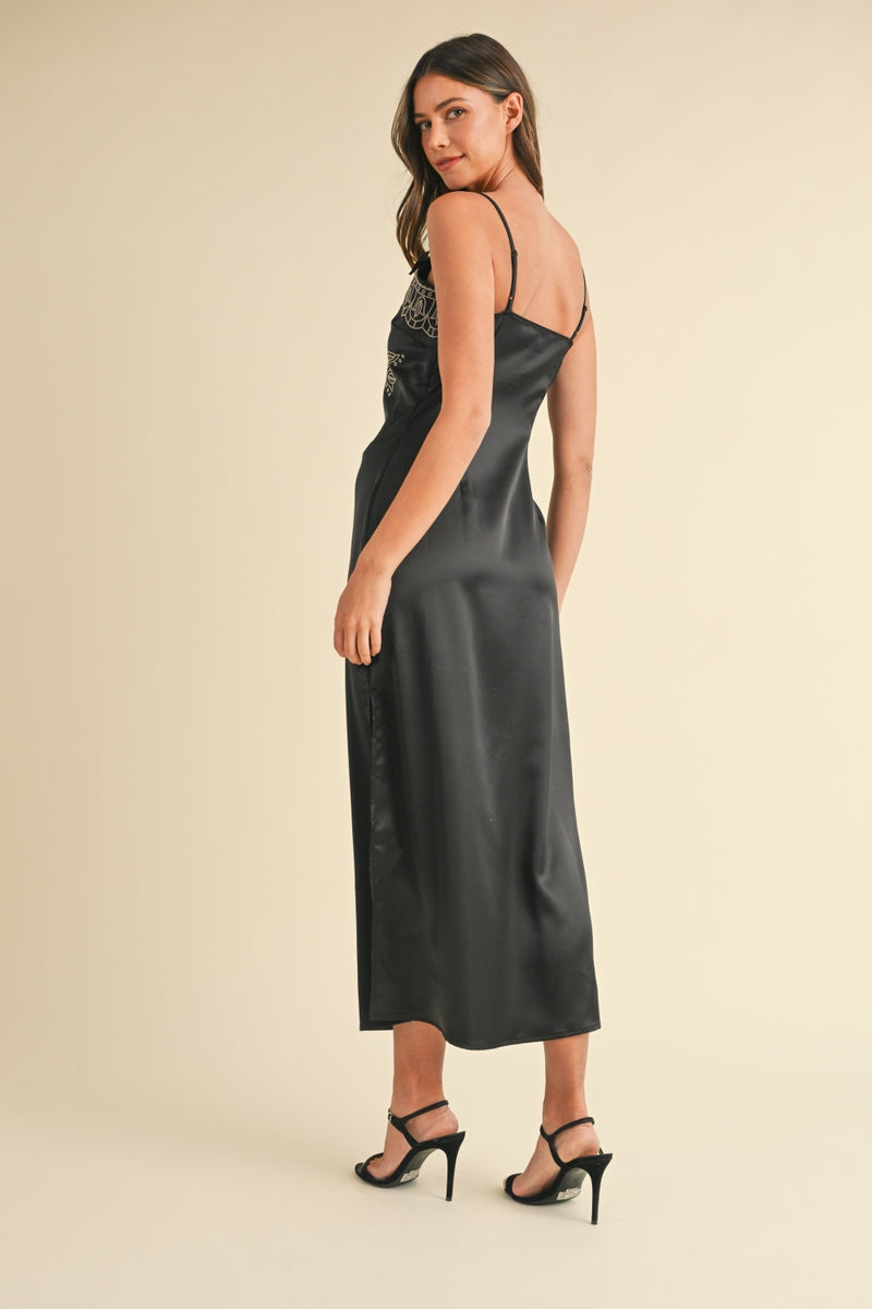 embroidered cami midi dress Mable Embroidered Cami Satin Midi Slit Dress