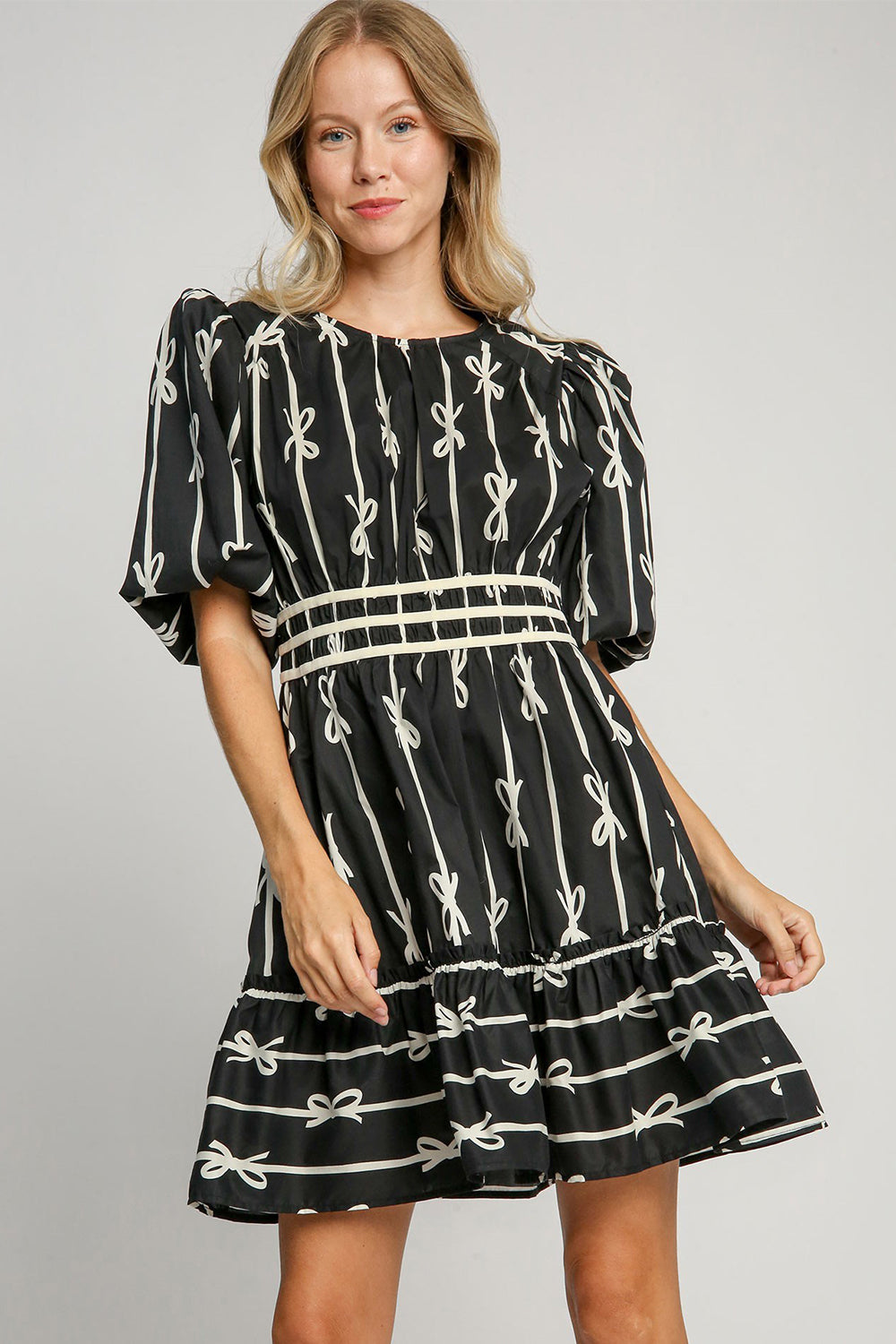 Hazel Blues® |  Umgee Ribbon Print Frill Contrast Velvet Trim Half Sleeve Dress