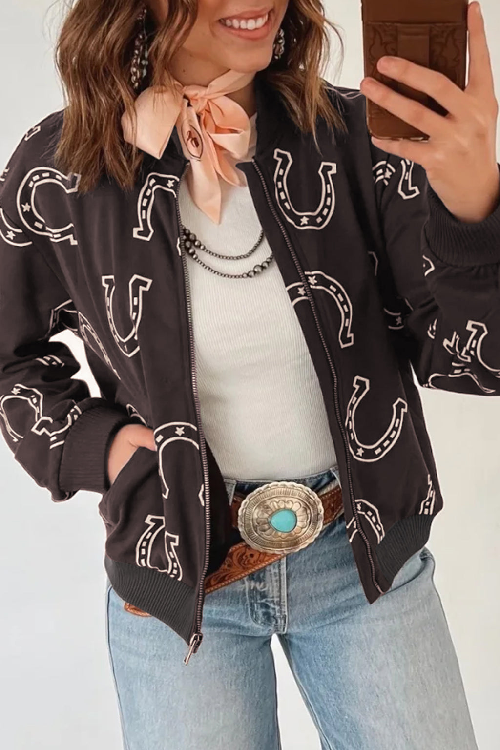 Brown Western Horseshoe Zip-Up Jacket