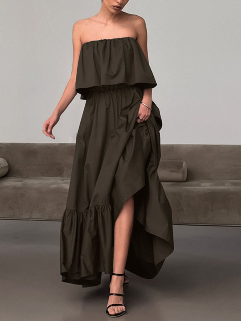 Hazel Blues | Off-Shoulder Ruffle Hem Maxi Dress Chocolate / L