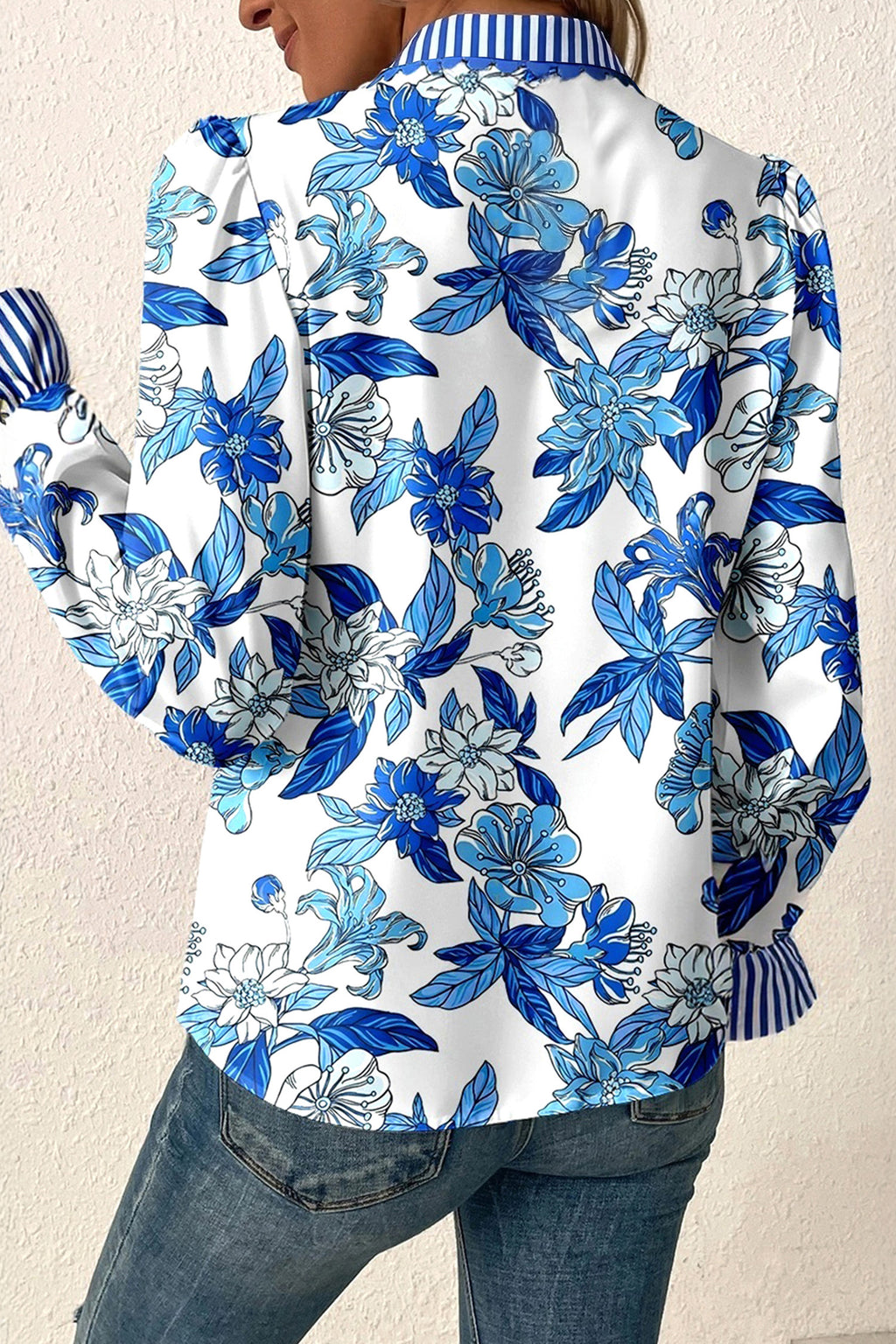 Harper Wren Sky Blue Floral Print Striped Patchwork Long Flounce Sleeve Ricrac Trim V-Neck Blouse