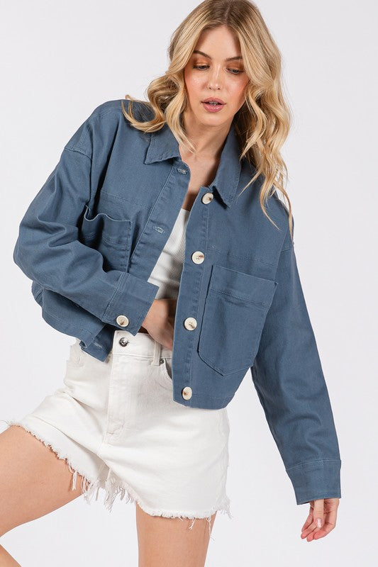 Hazel Blues® |  bytos Button Down Cropped Denim Jacket with Patch Pockets