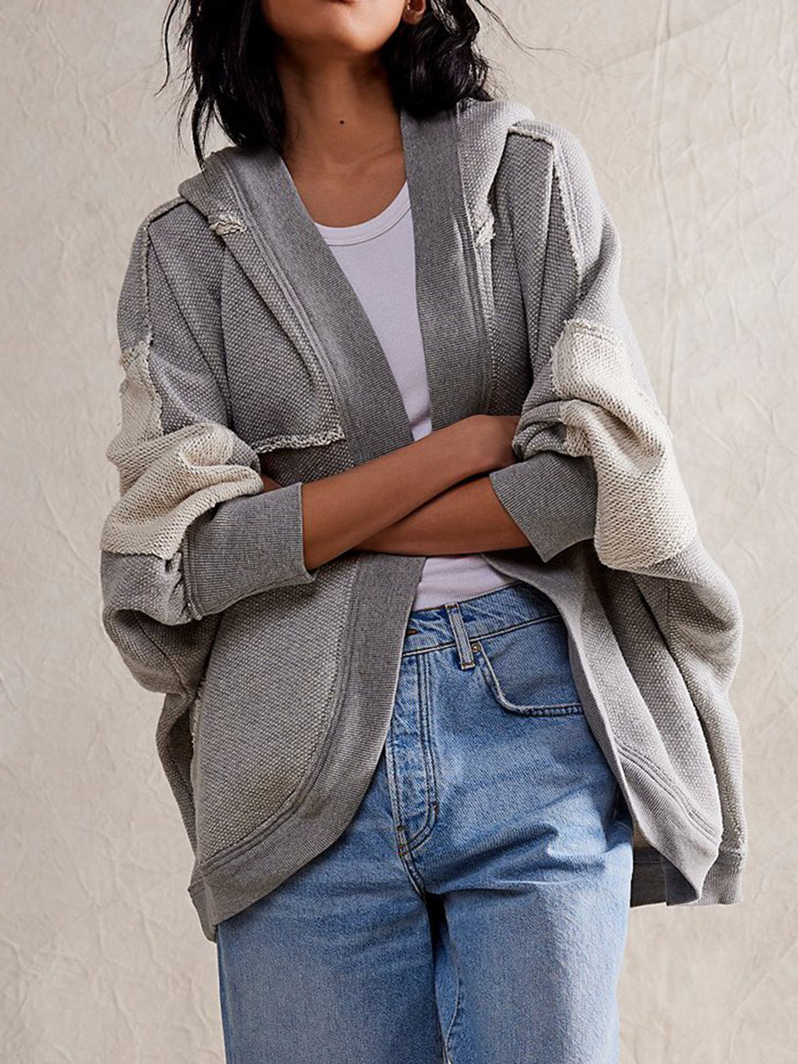 Hazel Blues® |  Exposed Seam Open Front Batwing Sleeve Hooded Cardigan