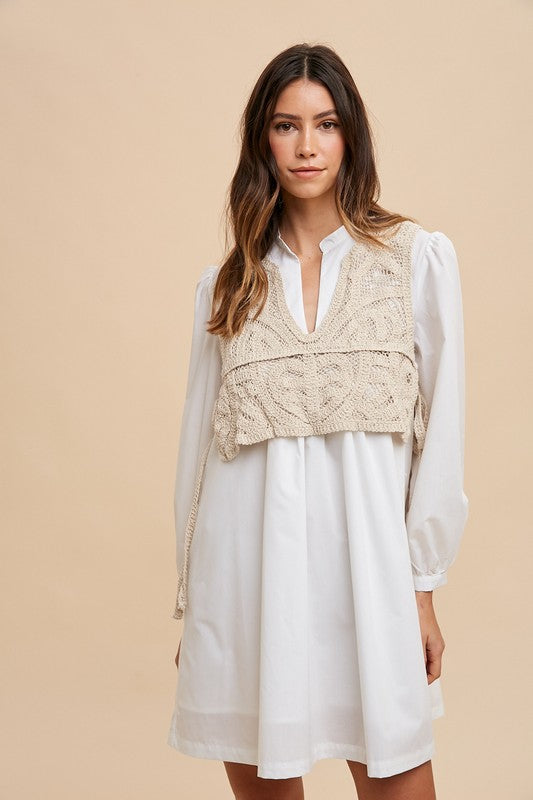 Hazel Blues® |  Annie Wear Crochet Vest Notched Long Sleeve Shirt Dress