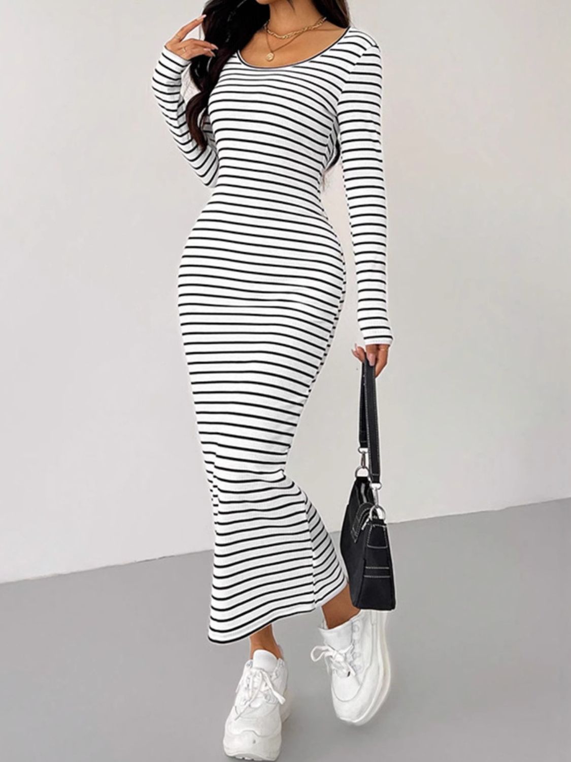 Hazel Blues® |  Striped Scoop Neck Long Sleeve Midi Tee Dress