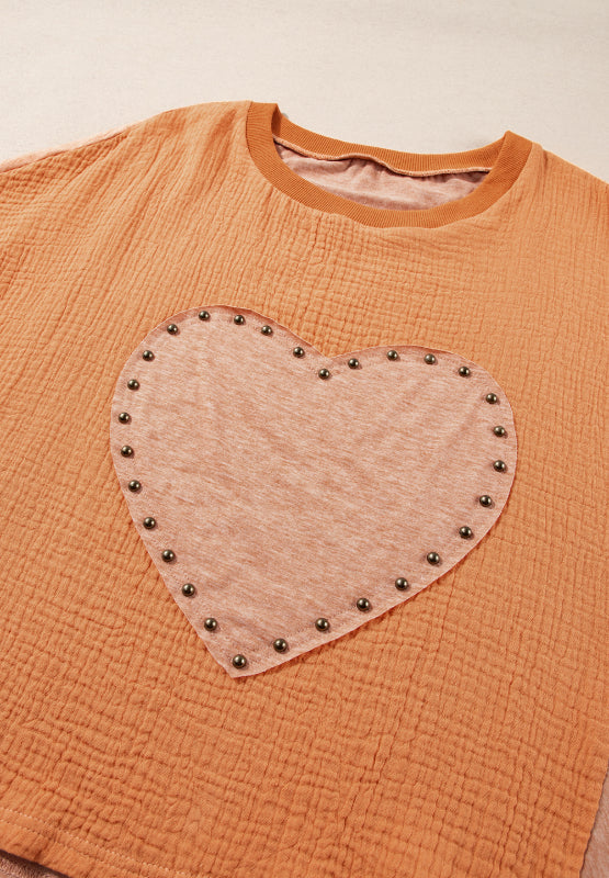 Hazel Blues® |  Stud Heart Patch Round Neck Short Sleeve T-Shirt