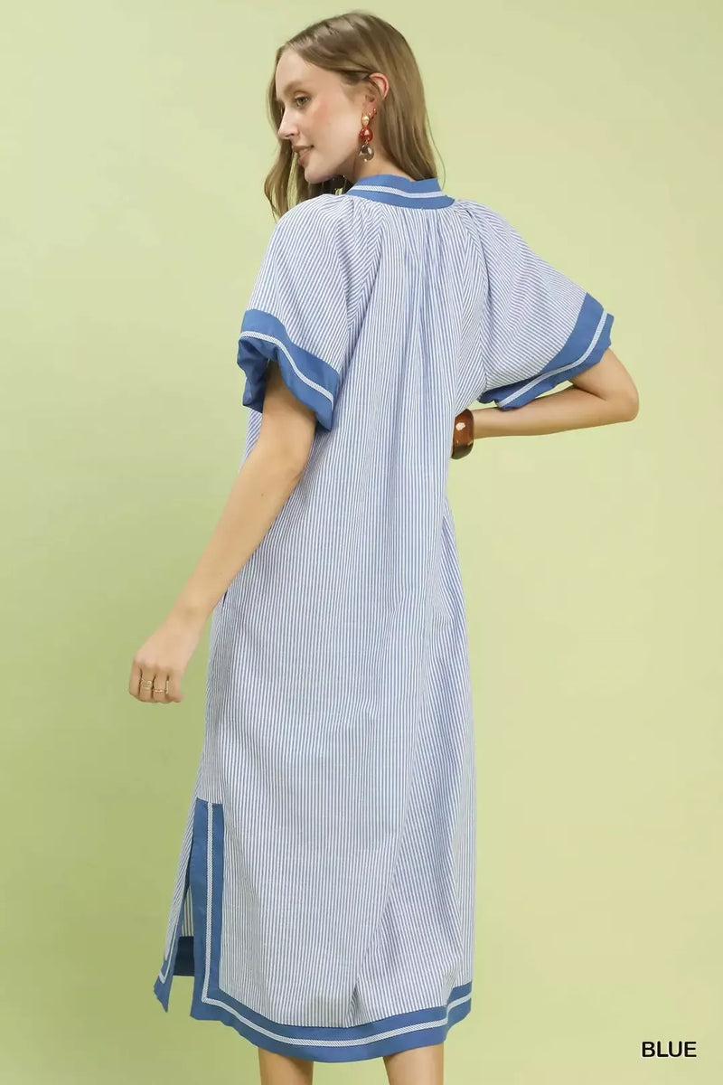 pinstripe dress midi Umgee Pinstripe Contrast Trim Midi Dress BLUE / S