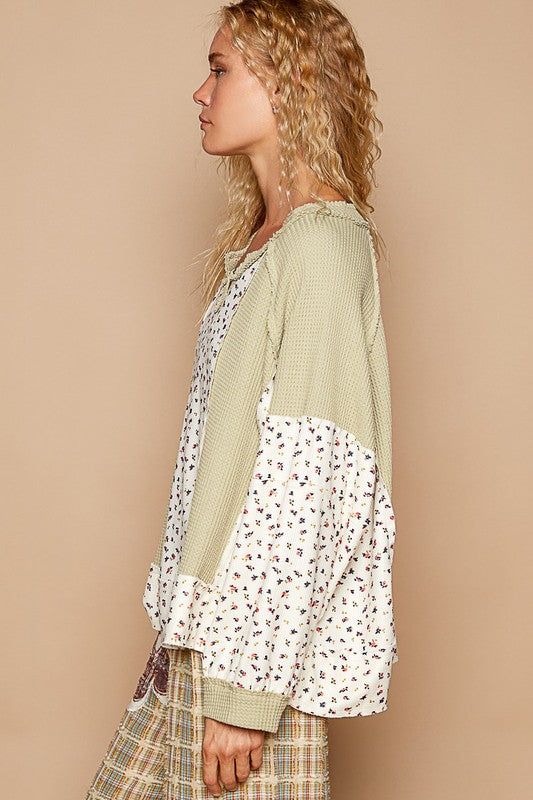 Hazel Blues® |  POL Waffle Knit Floral Notched Long Sleeve Top