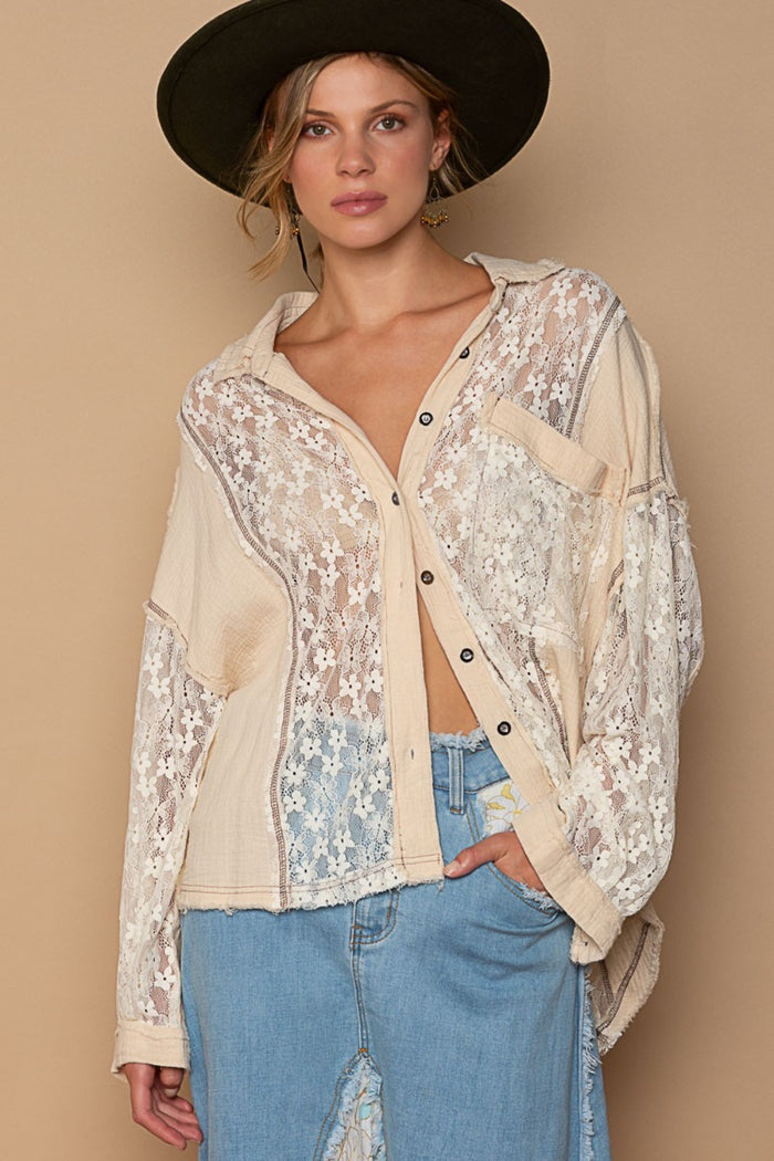 Hazel Blues® |  POL Oversize Lace Button-Down Shirt