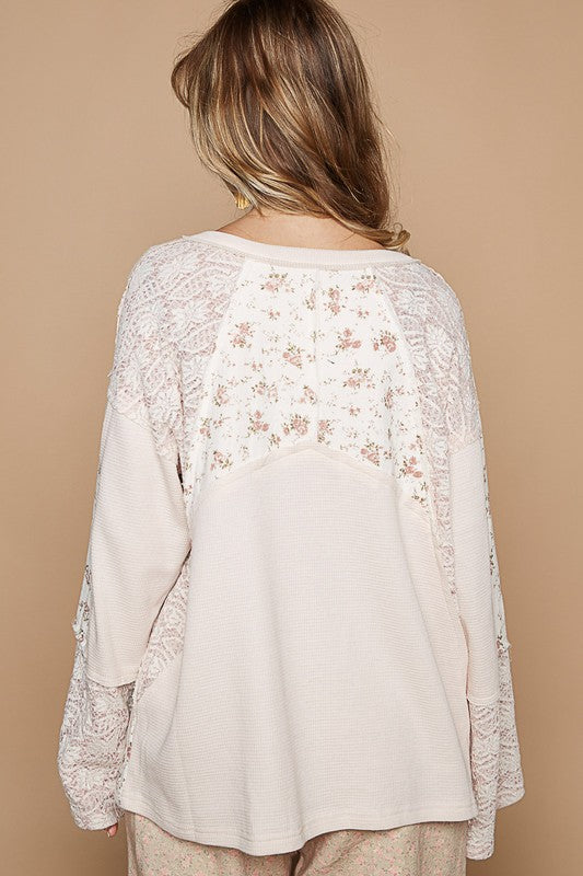 Hazel Blues® |  POL Lace Floral Round Neck Knit Top