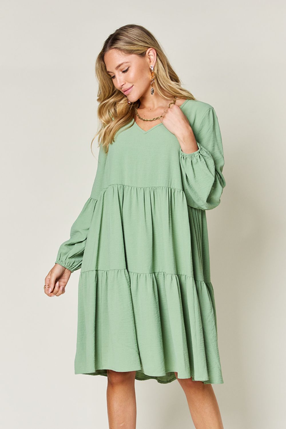 Hazel Blues® |  Double Take V-Neck Balloon Sleeve Tiered Dress with Pockets