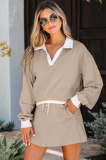 Hazel Blues® |  Parchment Raw Edge Detail Colorblock Patchwork Cropped Pullover Drawstring Skirt Set