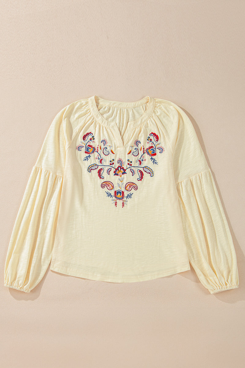 Hazel Blues® |  Embroidered Notched Long Sleeve Blouse