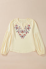 Hazel Blues® |  Embroidered Notched Long Sleeve Blouse