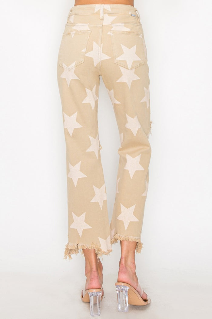 Hazel Blues® |  RISEN High Rise Star Printed Frayed Hem Jeans