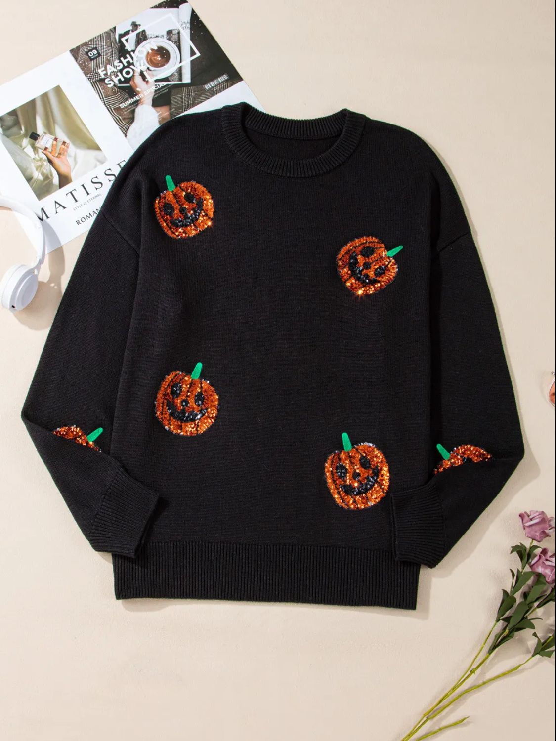 Hazel Blues® | Sequin Pumpkin Round Neck Sweater