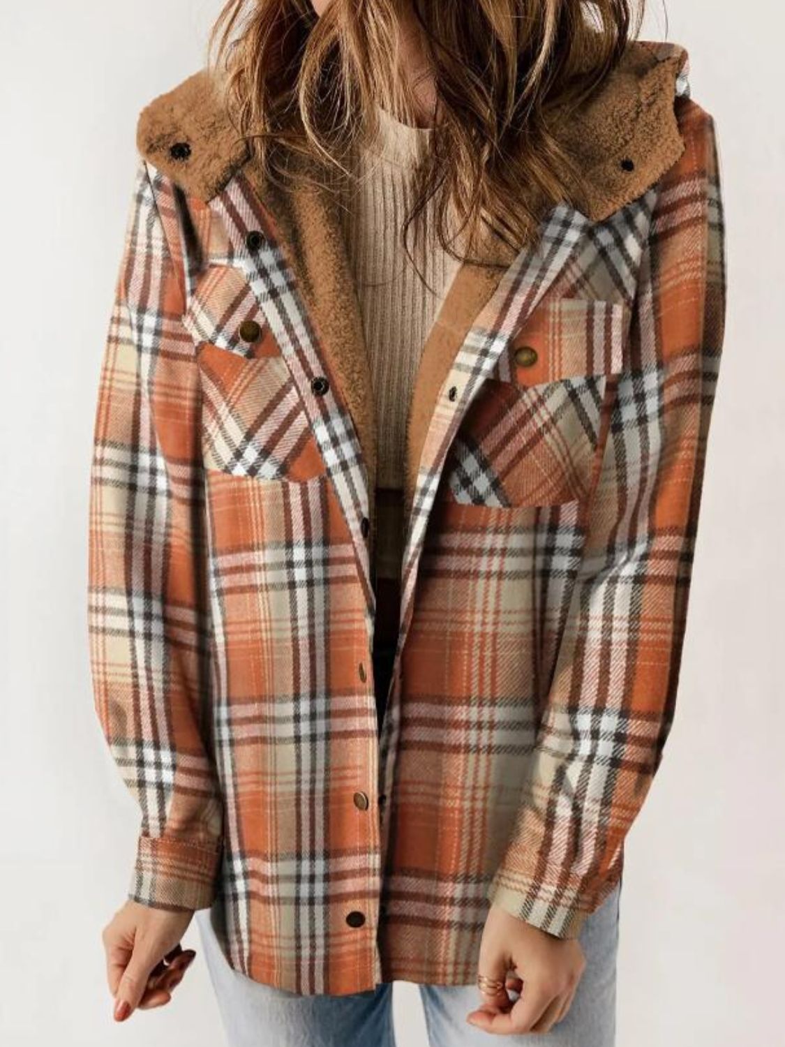 Hazel Blues® |  Plaid Snap Down Plush Hooded Jacket