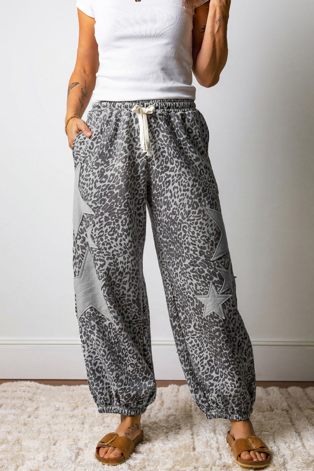 Gray Leopard Print Star Patched Drawstring Elastic-Waist Jogger Pants