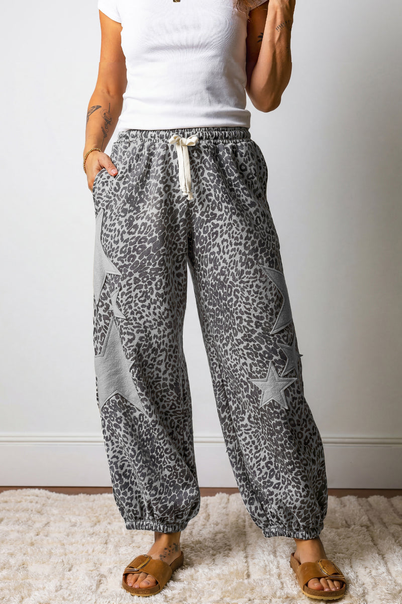 Gray Leopard Print Star Patched Drawstring Elastic Waist Jogger