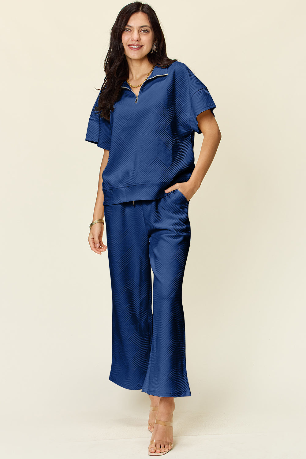 Hazel Blues® |  Double Take Texture Half Zip Short Sleeve Top and Pants Set