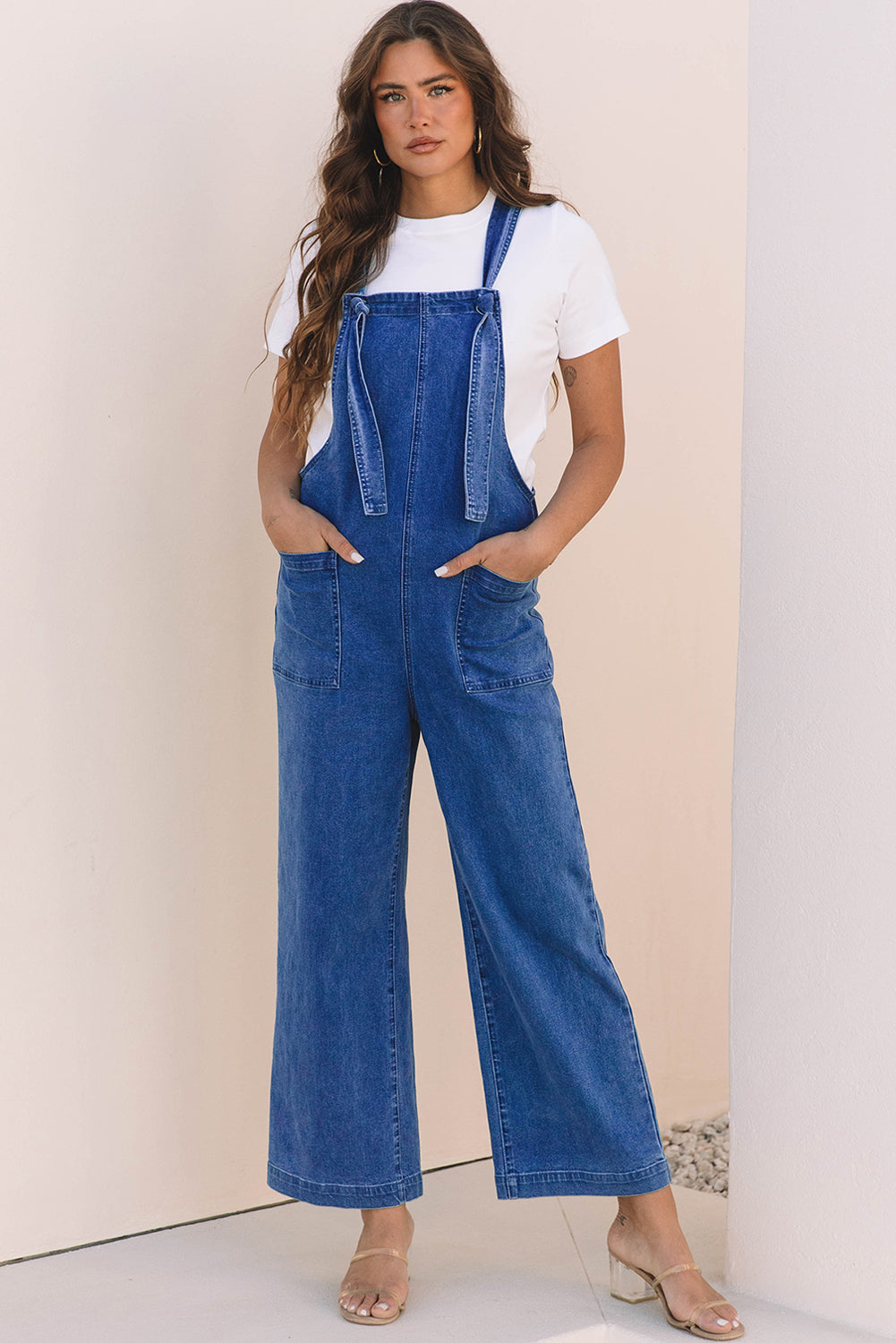 Hazel Blues® |  Prussian Blue Mineral Wash Knotted Strap Patched Pocket Wide Leg Denim Overall