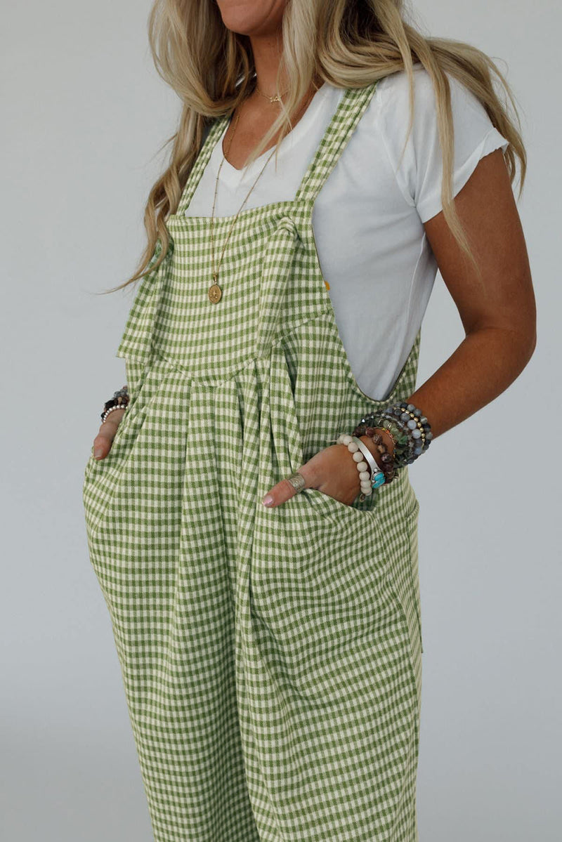 Hazel Blues® |  Green Gingham Wide Leg Loose Overall with Pockets