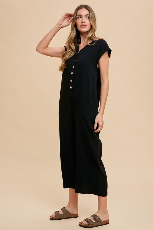 Hazel Blues® |  Annie Wear Button Detail Wide Leg Jumpsuit with Pockets