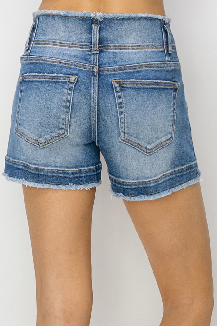 Hazel Blues® |  RISEN High Rise Seam Detailed Raw Edge Denim Shorts