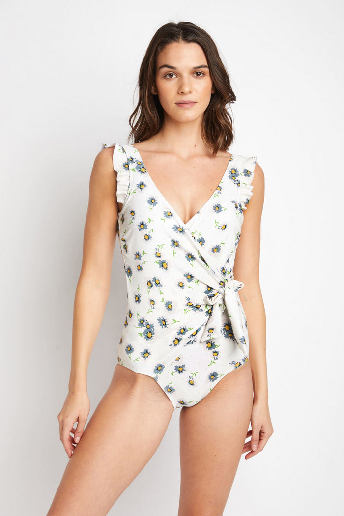 Hazel Blues® | Float On Ruffle Faux Wrap One-Piece in Daisy Cream: Adult