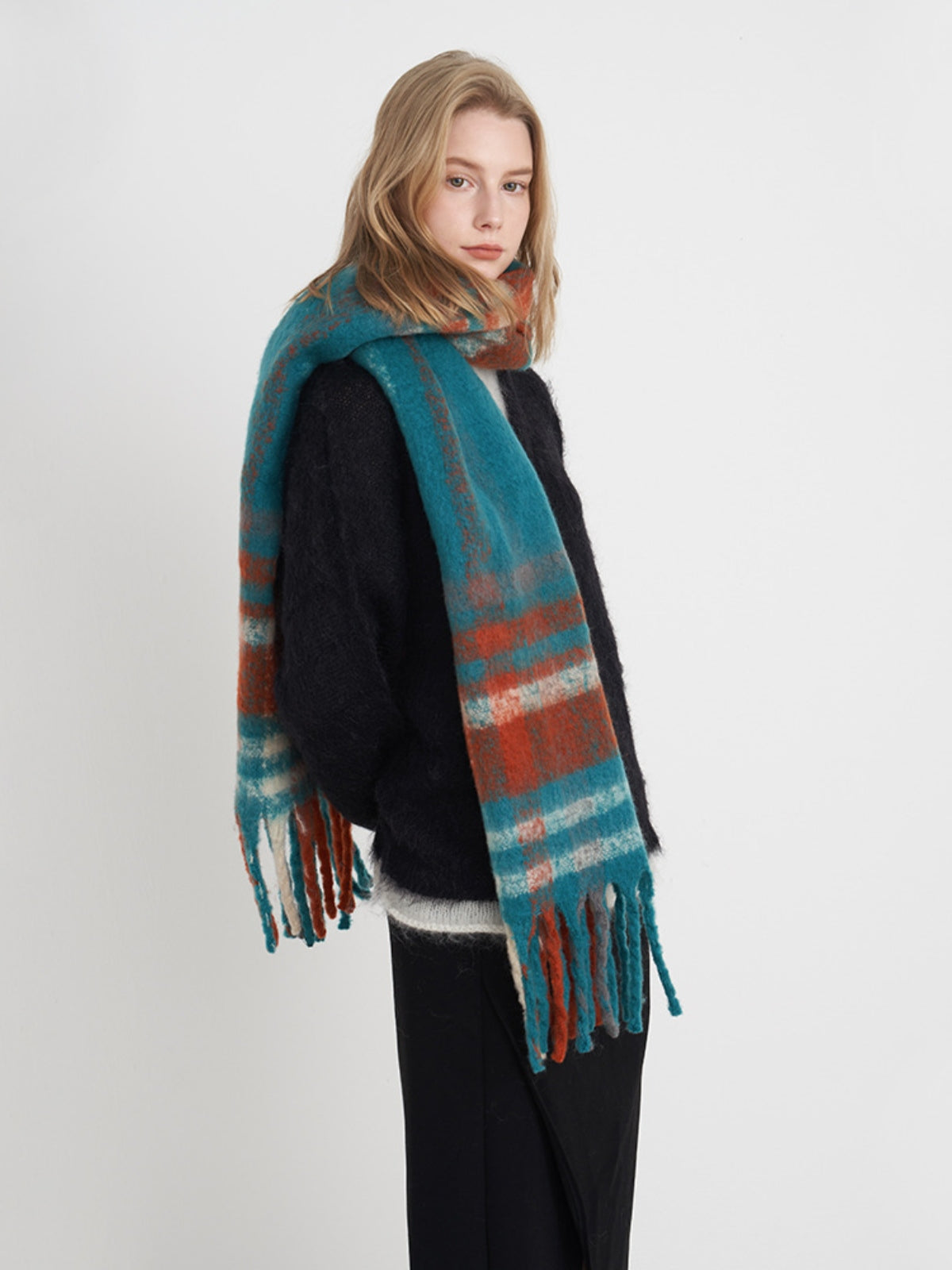 Hazel Blues® |  Fringe Plaid Polyester Scarf