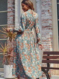 Hazel Blues® |  Perfee Tied Pleated Printed Mock Neck Long Sleeve Dress