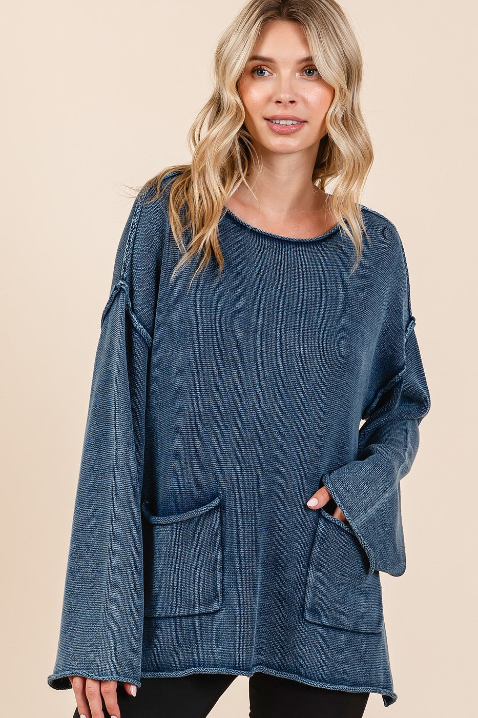 Hazel Blues® |  Mittoshop Mineral Wash Patch Pocket Cut Edge Sweater