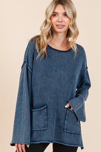 Hazel Blues® |  Mittoshop Mineral Wash Patch Pocket Cut Edge Sweater