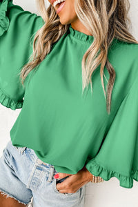 Frill Round Neck Wide Half Sleeve Blouse