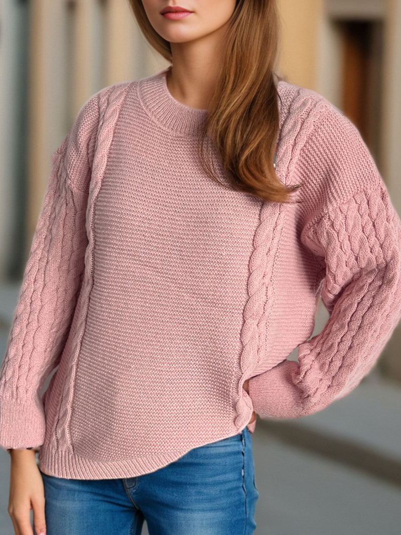 Hazel Blues® |  Cable-Knit Round Neck Long Sleeve Sweater