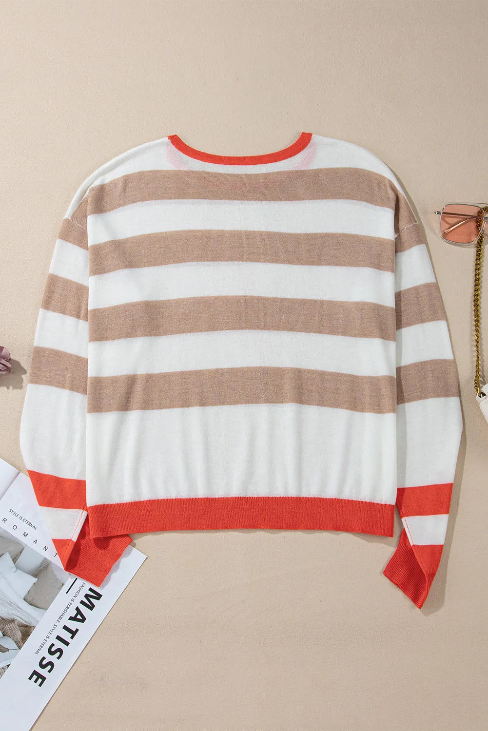 Hazel Blues® |  Contrast Striped Round Neck Long Sleeve Knit Top