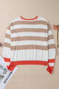 Hazel Blues® |  Contrast Striped Round Neck Long Sleeve Knit Top