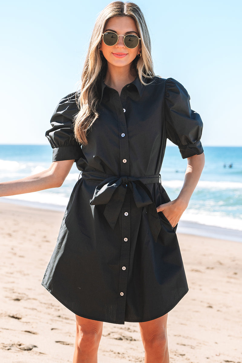 Black Button-Up Tie Waist Puff-Sleeve Mini Dress – Hazel Blues®