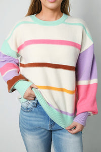 Hazel Blues® |  Contrast Striped Round Neck Drop Shoulder Sweater